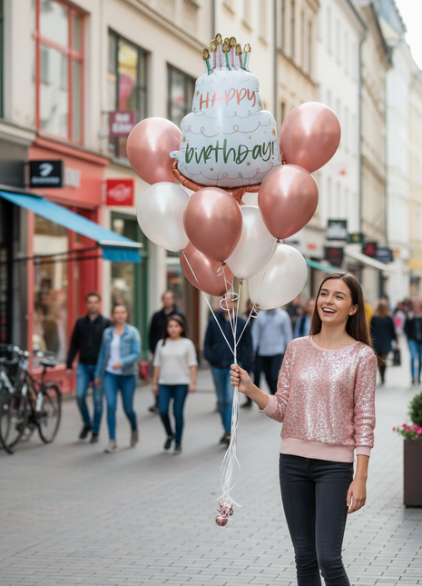 A 'Happy Birthday' themed balloon bouquet featuring a cake-shaped balloon with the message 'Happy Birthday' in a street setting with pedestrians and shops in the background.