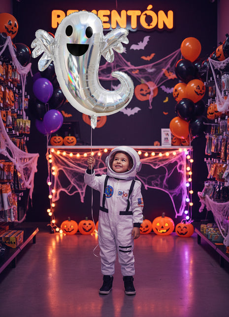 A silver balloon with a reflective surface shaped like a ghost with a happy facial expression, floating in a room.