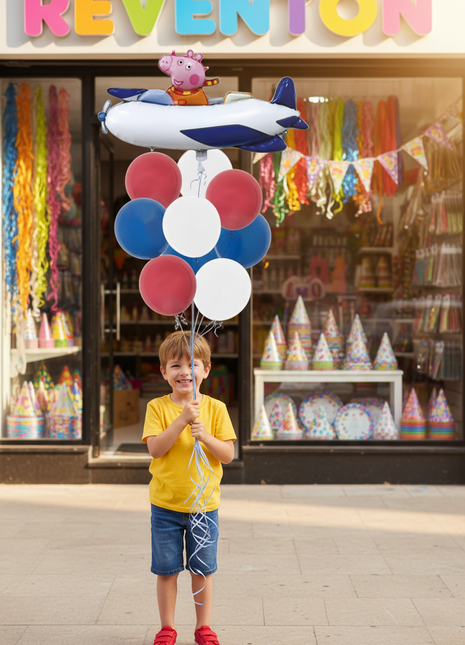 George in airplane balloon bouquet - Foil and latex balloons in various colors and shapes arranged to form a balloon bouquet with a George in airplane foil balloon as the centerpiece.