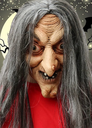 Halloween Old Woman Witch Latex Mask with Horror Face Long Hair Head with Hat Party Costume Cosplay Mask Performance Props