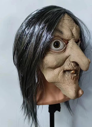 Halloween Old Woman Witch Latex Mask with Horror Face Long Hair Head with Hat Party Costume Cosplay Mask Performance Props