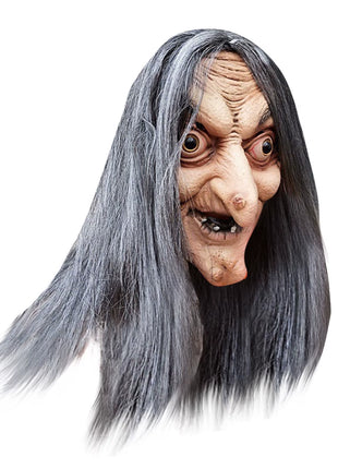 Halloween Old Woman Witch Latex Mask with Horror Face Long Hair Head with Hat Party Costume Cosplay Mask Performance Props