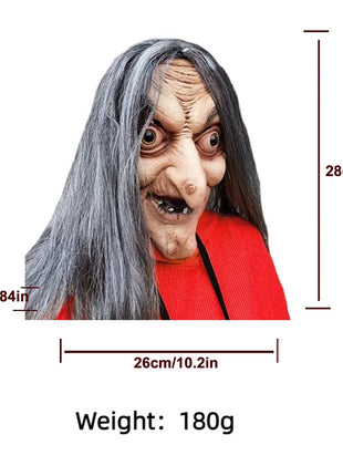 Halloween Old Woman Witch Latex Mask with Horror Face Long Hair Head with Hat Party Costume Cosplay Mask Performance Props
