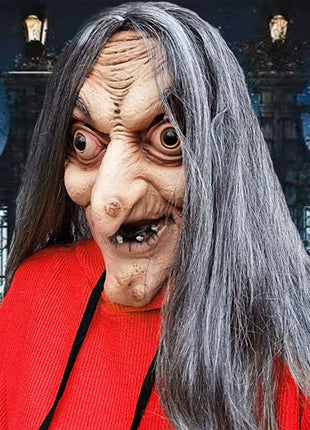 Halloween Old Woman Witch Latex Mask with Horror Face Long Hair Head with Hat Party Costume Cosplay Mask Performance Props