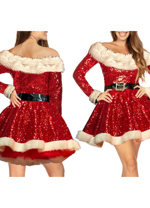 Women Plush Trim Sequins Long Sleeve off Shoulder Dress Party Costume Christmas Costume Santa Cosplay Dress