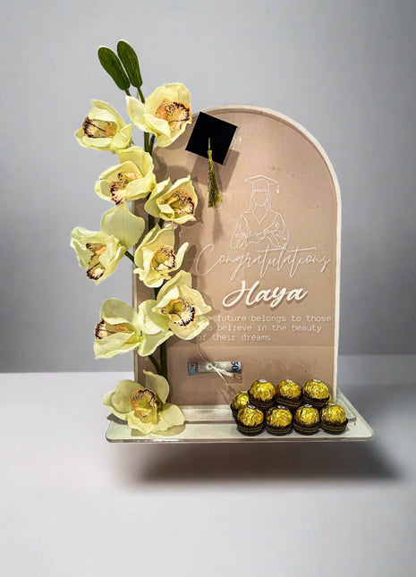 Graduation Chocolate stand with white flowers