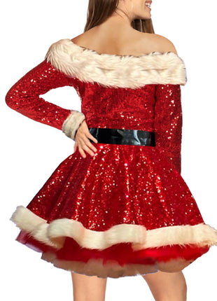 Women Plush Trim Sequins Long Sleeve off Shoulder Dress Party Costume Christmas Costume Santa Cosplay Dress