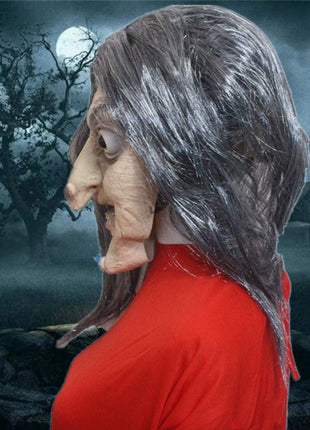Halloween Old Woman Witch Latex Mask with Horror Face Long Hair Head with Hat Party Costume Cosplay Mask Performance Props