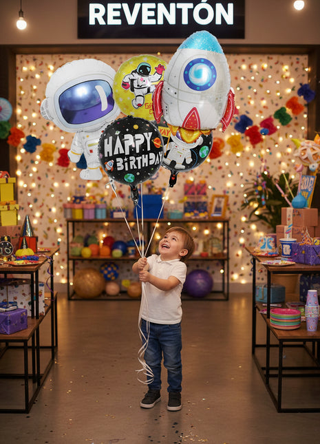 A set of decorative foil balloons featuring astronaut and rocket designs, along with a 'Happy Birthday' message balloon.
