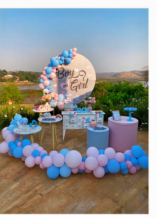 An image of gender reveal party supplies, including balloons and banners, perfect for celebrating the upcoming arrival of a new baby.
