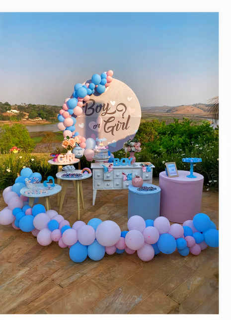 An image of gender reveal party supplies, including balloons and banners, perfect for celebrating the upcoming arrival of a new baby.