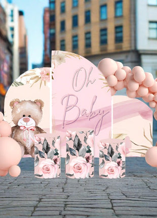 Three pink arch backdrops, printed Teddy Bear