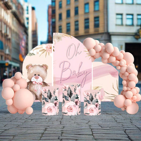 Three pink arch backdrops, printed Teddy Bear